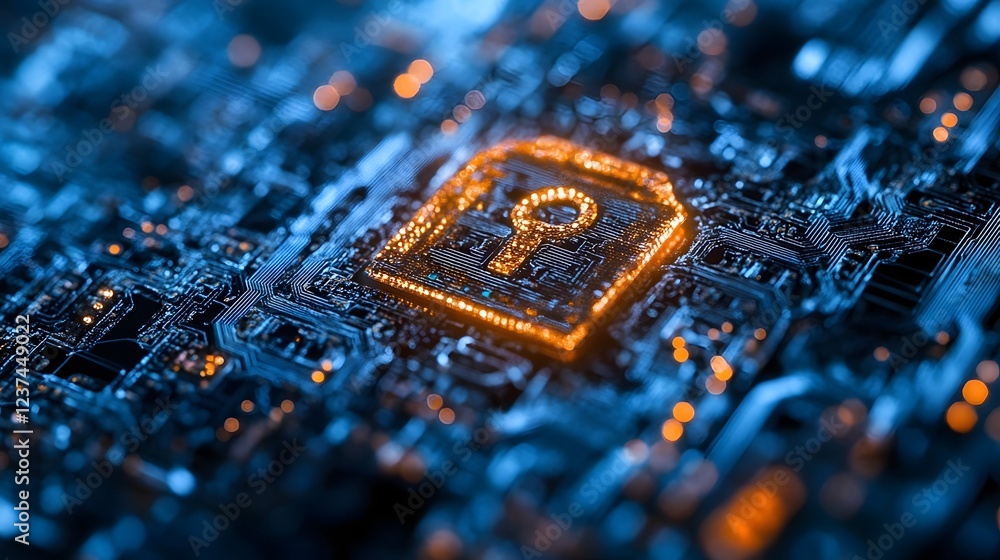 Poster close up view of a futuristic digital circuit board representing the complex technology and systems 