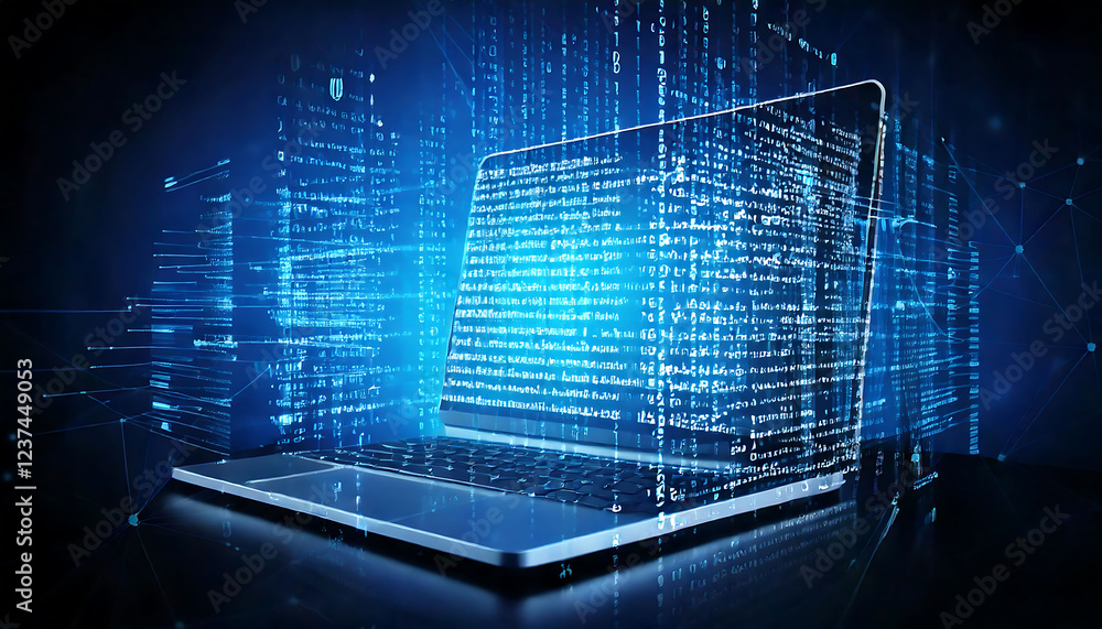 Poster stunning abstract image of a laptop displaying cascading code, ideal for tech, coding, and digital t
