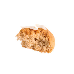 Piece of tasty cookie with almond flakes isolated on white