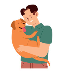 Man lovingly hugging his big pet dog