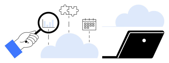 Hand holding magnifying glass examines data, puzzle piece, and calendar floating above clouds. Ideal for data analytics, cloud computing, integration, problem-solving, scheduling, business planning