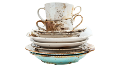 Stack of dirty dishes and cups waiting to be washed on transparent background