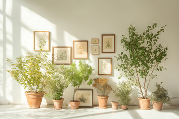 Indoor plants and framed botanical prints against a white wall with sunlight