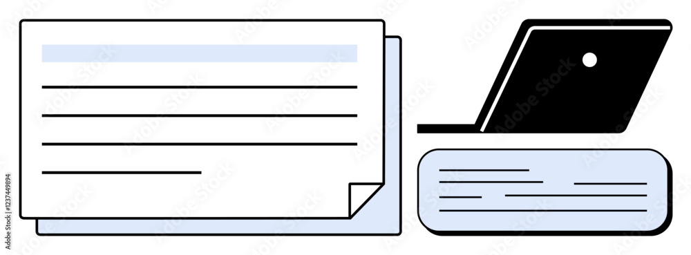 Poster laptop open with document pages and a book next to it. ideal for themes of work, productivity, commu