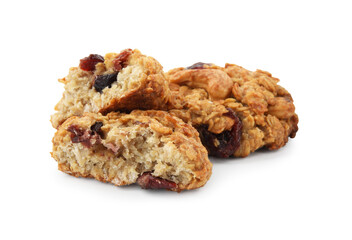 Delicious oatmeal cookies with dried cranberries and nuts isolated on white