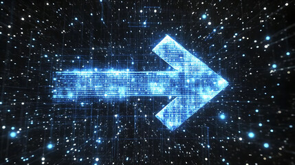 Stunning digital arrow composed of glowing binary code, set against a futuristic, particlefilled background.  Ideal for tech, innovation, data transfer, and progress concepts.