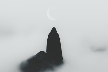 Mysterious figure in cloak under crescent moon