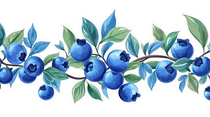 Blueberry branch border, ripe berries, leaves, white background; for food packaging design