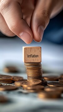 Hand placing inflation block on coins, financial crisis, economic background