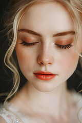 Fototapeta premium Gorgeous Blonde Woman with Freckles and Delicate Strip Lashes, Eyes Closed, Beauty Portrait