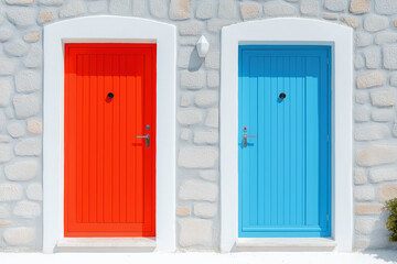 Fototapeta premium Two colorful doors on a stone wall, red and blue, with white frames