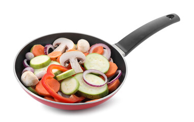 Frying pan with mix of fresh vegetables and mushrooms isolated on white