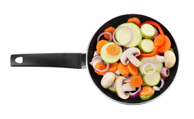 Frying pan with mix of fresh vegetables and mushrooms isolated on white, top view
