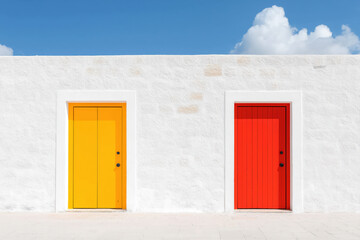 Two colorful doors on a white wall under a blue sky with a cloud