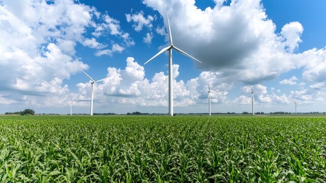 Wind turbines in cornfield under cloudy sky