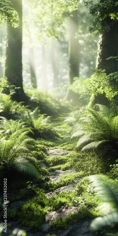 Poster moss and ferns growing on a forest trail. the soft, green moss blankets the ground, while the ferns 