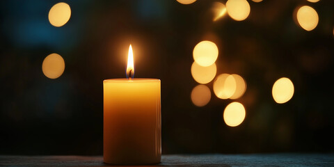 Burning candle creating a warm, peaceful ambiance in the dark with bokeh lights