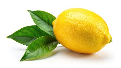 Stunning architectural still life:  A single lemon, brilliantly yellow, nestled among vibrant green leaves.