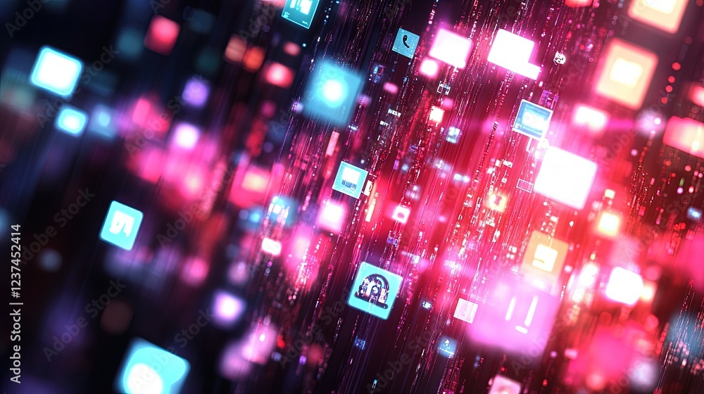 Poster abstract digital data stream network technology background with glowing icons and pink and blue colo