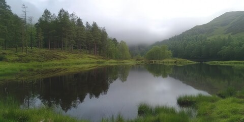 water stagnant in a mountain pond at Glenridding after the rain stopped, reflecting the surrounding trees and the cloudy sky