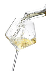 Pouring wine into glass isolated on white