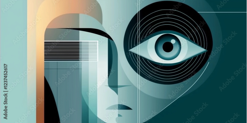 Poster observing eye following geometric face, creating a cybersecurity concept