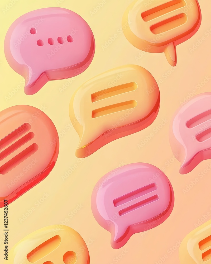 Poster abstract 3d render of glossy colorful speech bubbles on yellow background: communication concept.