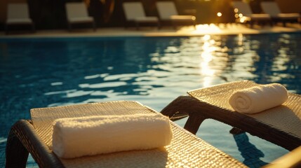 Obraz premium poolside relaxation luxury towels on wicker loungers at sunset