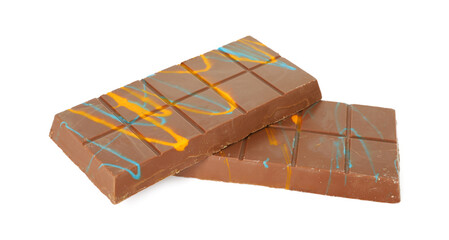 Two Dubai chocolate bars with pistachio and knafeh isolated on white