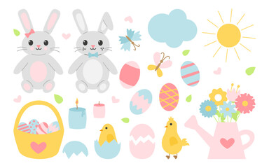 Flat cartoon Easter clipart set with cute rabbits, Easter eggs, chicks, flowers, and spring elements. Colorful holiday vector illustration for greeting cards, decorations, and kids projects