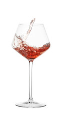 Tasty wine splashing in glass on white background
