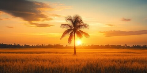 palm tree in the center of a golden field, surrounded by the warm hues of a setting sun, with a peaceful atmosphere and a calm, glowing sky
