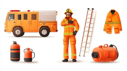 Comprehensive set of firefighter icons including a fire truck  rescue ladder  protective uniform  oxygen tank