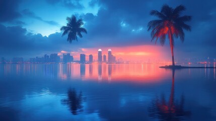 Cityscape at Dawn: Tropical Paradise Meets Urban Skyline