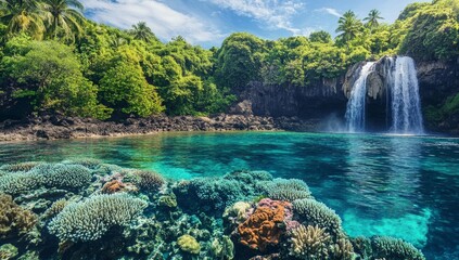Lush tropical waterfall cascading into vibrant coral reef lagoon.