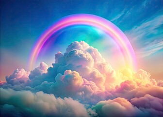 Surreal double exposure: pastel sky, neon rainbow clouds drift in a dreamlike haze.