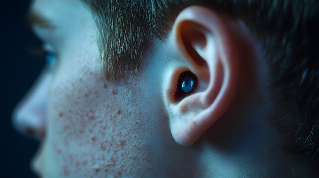 Detailed close up shot of a human ear in an editorial photography style showcasing the intricate anatomy and texture of the outer ear for medical or healthcare purposes