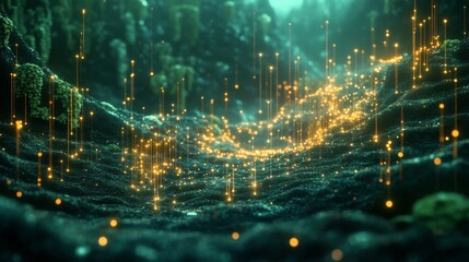 A digital landscape with glowing data streams, symbolizing speed and precision in navigating complex networks, where vibrant light trails and a rich depth of field create an immersive