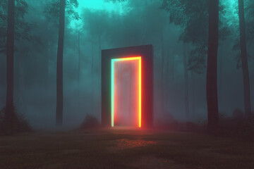 Mysterious Glowing Portal in a Foggy Forest