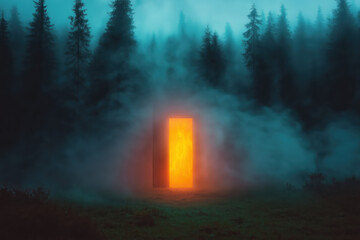 Obraz premium Mysterious Glowing Portal in a Foggy Forest