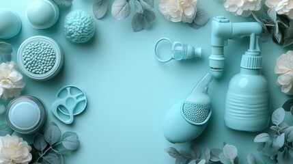 Baby hygiene products, floral frame, pastel blue