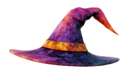 Purple witch hat with orange band and runes isolated on transparent background