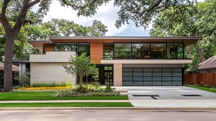 Modern house, landscaped yard, tree-lined street, suburban setting