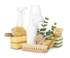 Eco-friendly cleaning products, supplies and eucalyptus branches isolated on white