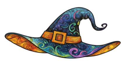 Colorful witch hat showing galaxy design on transparent background