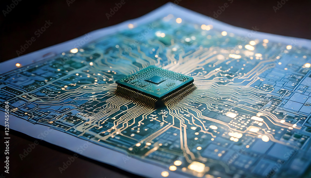 Poster close-up shot of a microprocessor on a circuit board, glowing with soft light. perfect for illustrat