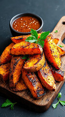 Roasted sweet potatoes with cinnamon and nutmeg, placed on a wooden board with soft natural light in food photography
