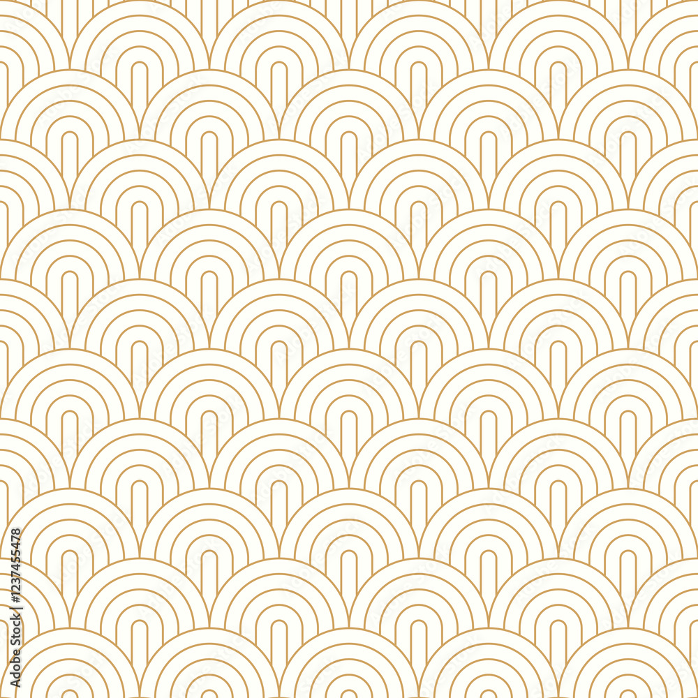 Wall mural art deco seamless wave pattern with gold circle stripe line, arch shape, fish scale repeat backgroun