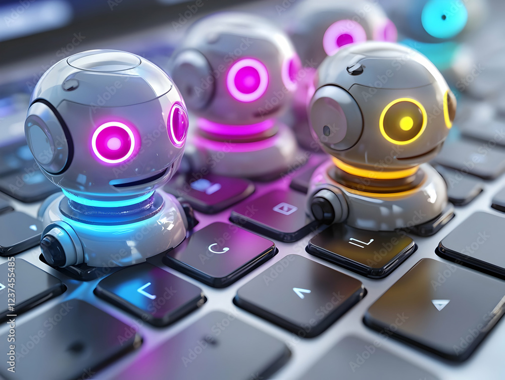 Poster robots on keyboard, digital teamwork, future tech