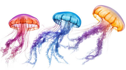 Colorful jellyfishes swimming on transparent background